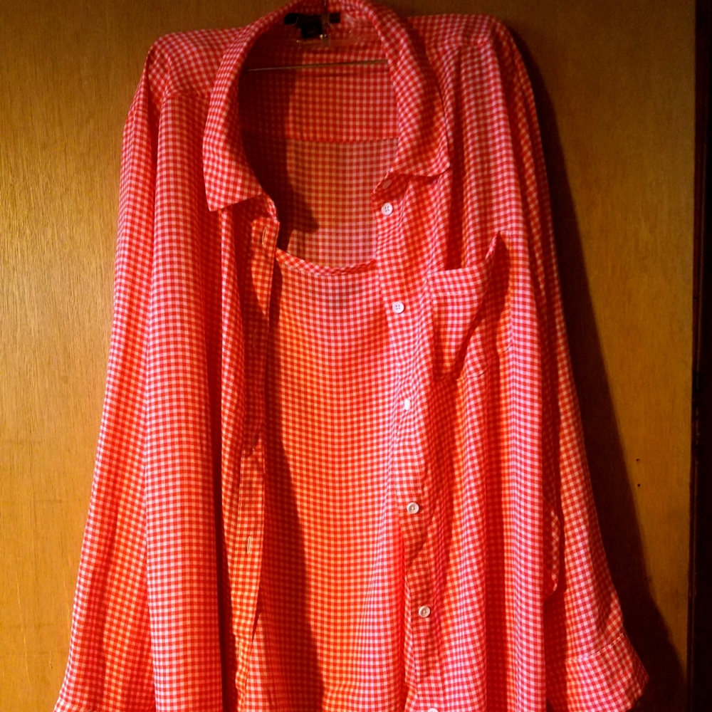 Romans Plus Size 24W Red and White Check Button Down Ladies Blouse